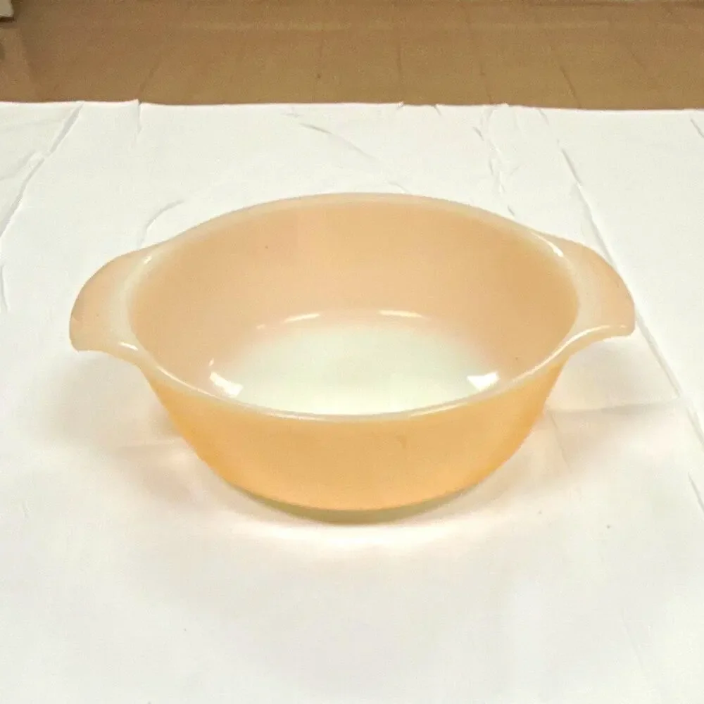 Fire king Round Pink/White Glass Casserole Dish w/ Handles, Glossy Finish, 9 in